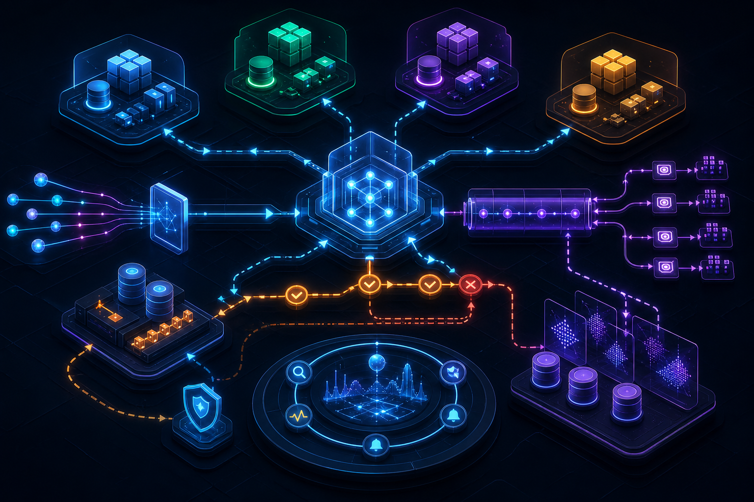 Autonomous domains integrated through APIs, events, sagas, outbox, and observability