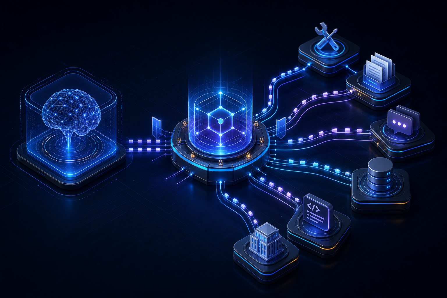 Host de IA conectado por um hub seguro do Model Context Protocol a ferramentas, recursos, prompts, código e dados