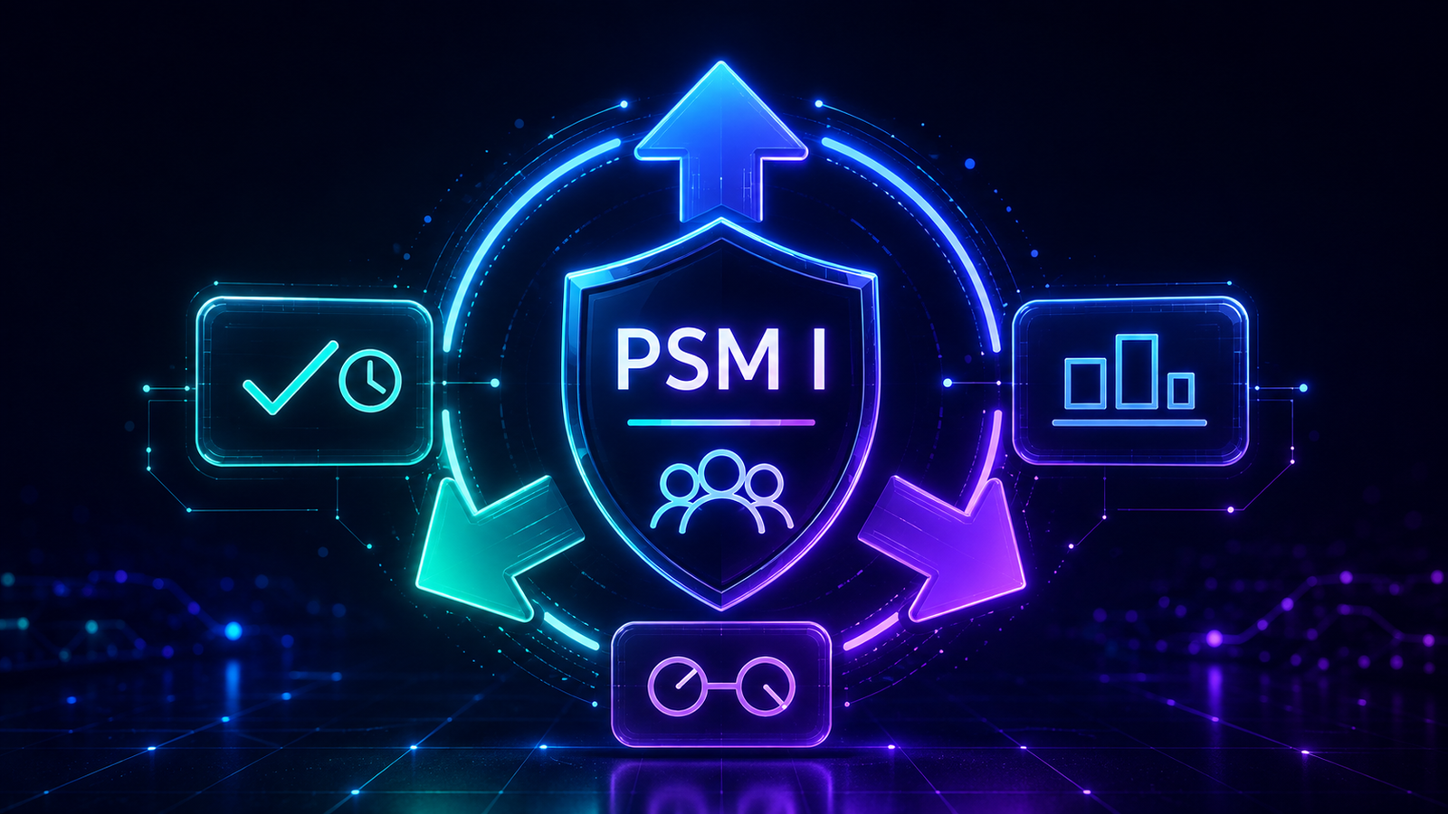Neon PSM I shield surrounded by an iterative Scrum cycle, empirical pillars, value markers, and a self-managing Scrum Team