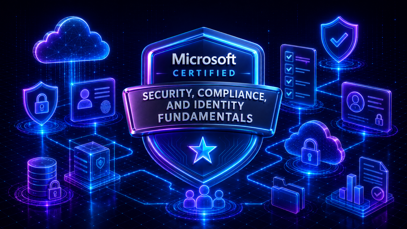 Microsoft Certified: Security, Compliance, and Identity Fundamentals badge surrounded by cloud, identity, and compliance icons