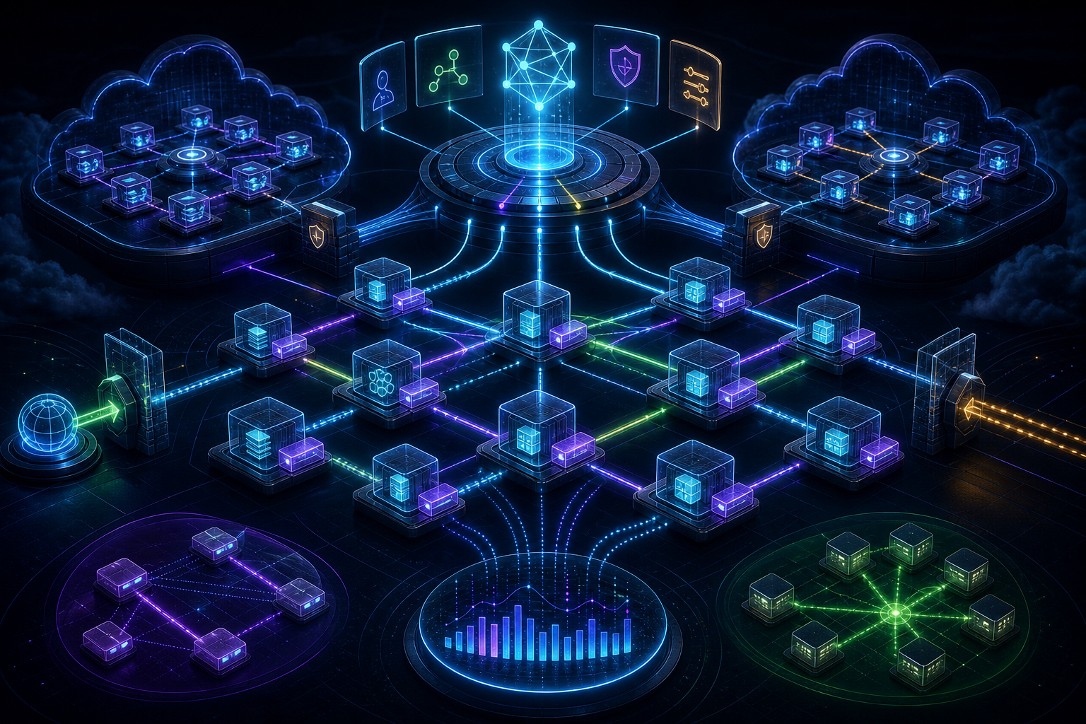 Plano de controle coordenando uma malha segura de workloads, proxies e múltiplos clusters