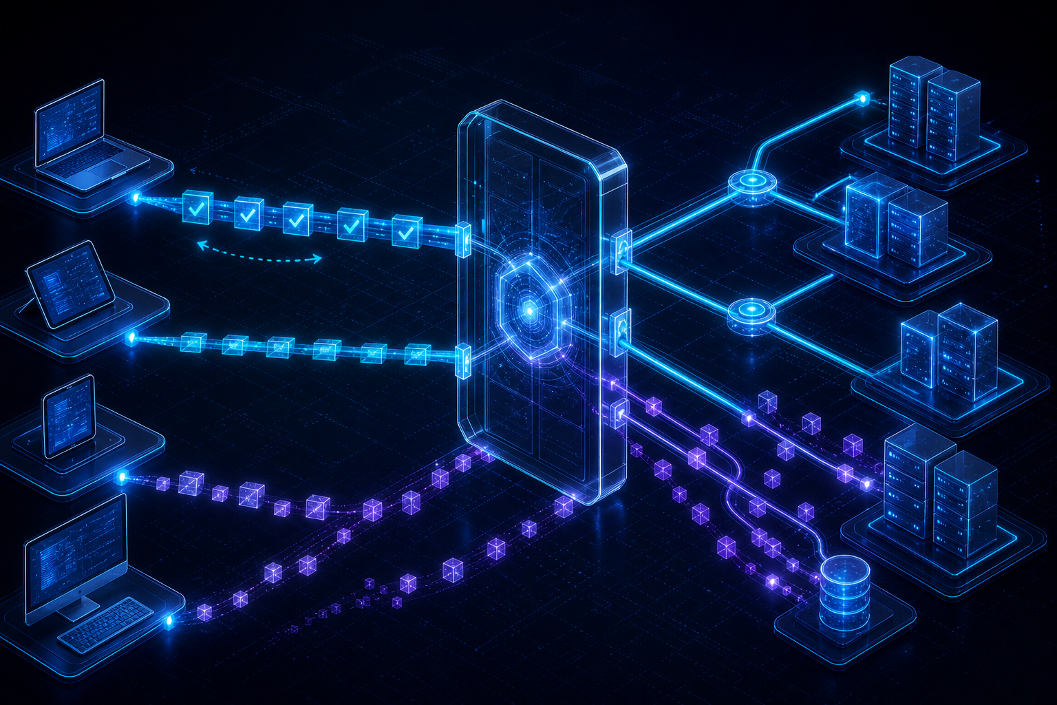 Fluxos TCP confiáveis e datagramas UDP atravessando um API Gateway entre clientes e backends