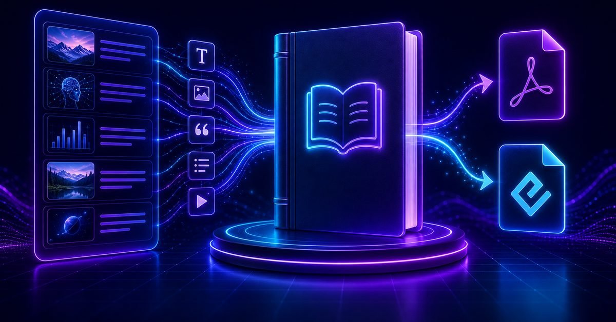 Illustration of a book builder: a list of illustrated articles and their text, picture, quote, list and media elements flowing into a bound book on a lit podium, and out again as a PDF and an EPUB file