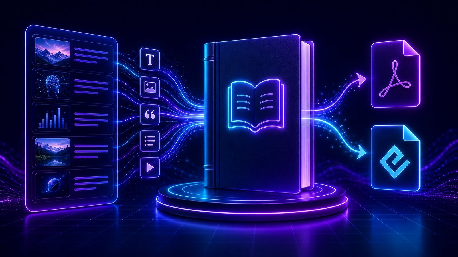 Illustration of a book builder: a list of illustrated articles and their text, picture, quote, list and media elements flowing into a bound book on a lit podium, and out again as a PDF and an EPUB file