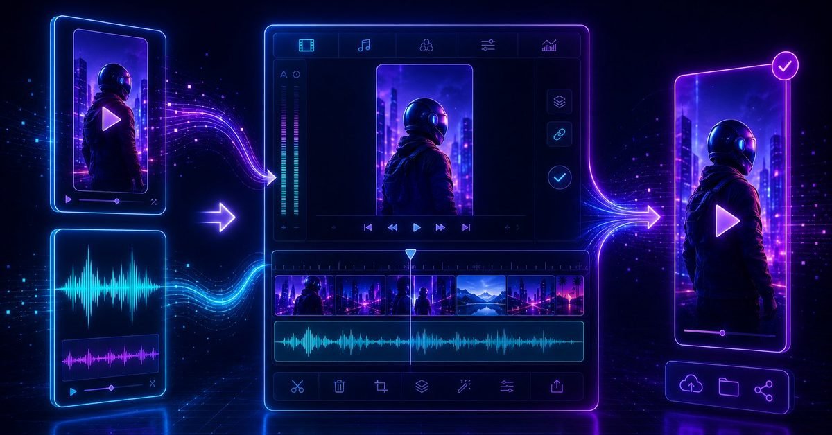 Illustration of a video and an audio waveform flowing into an editor with a preview and a timeline, and out again as one finished video