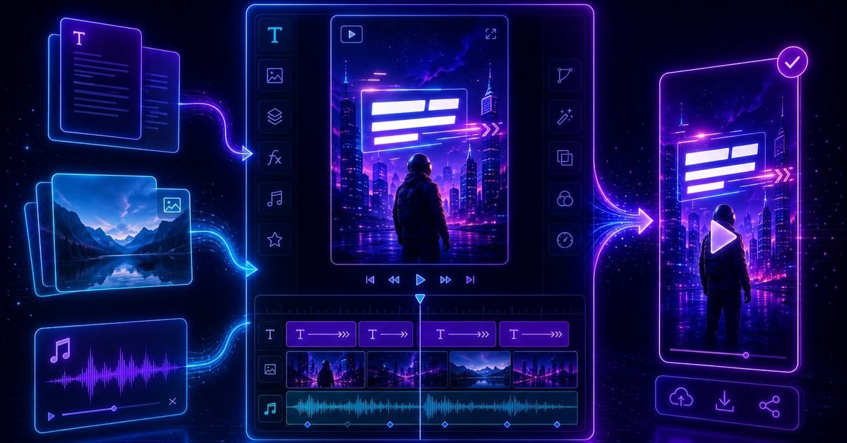 Illustration of text, pictures and an audio waveform flowing into an editor with a preview and separate text, picture and sound tracks, and out again as one finished video