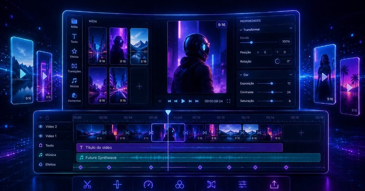 Illustration of a video editing workspace: a media library, a preview player with transport controls, a properties panel and a timeline of clips with a title and a music track