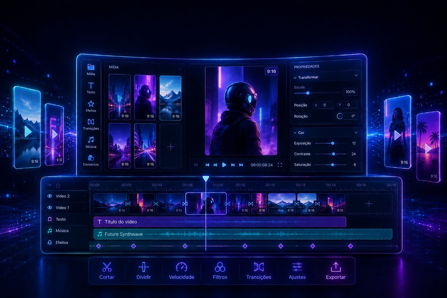 Illustration of a video editing workspace: a media library, a preview player with transport controls, a properties panel and a timeline of clips with a title and a music track